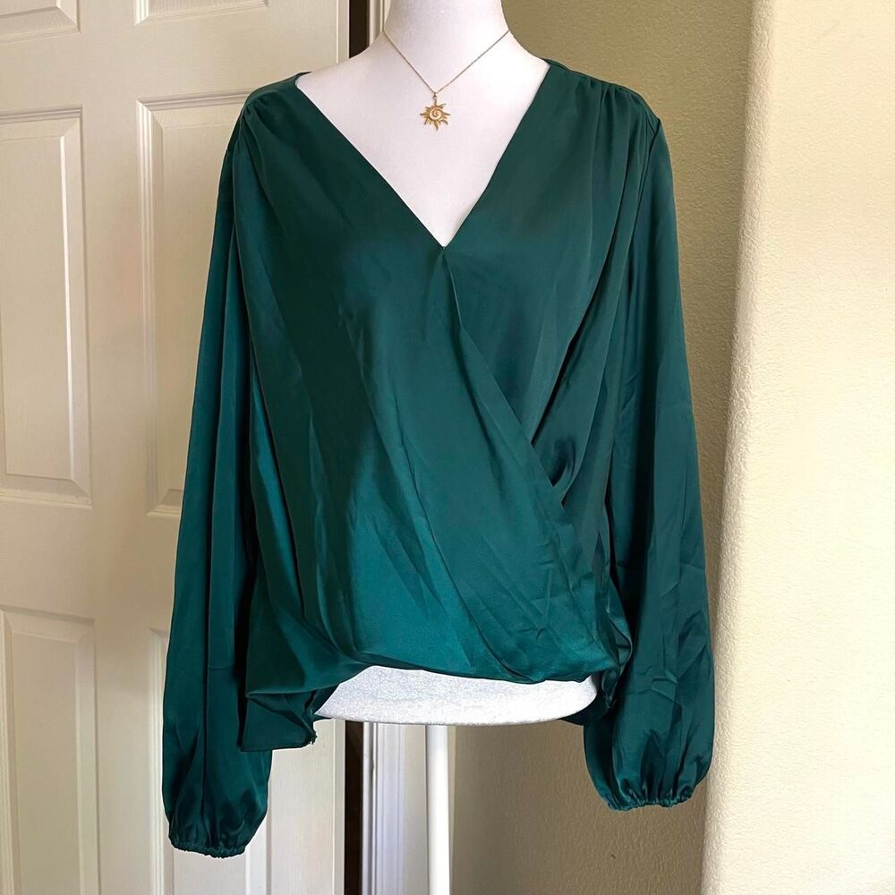 green satin blouse with balloon sleeves and wrap front - size Medium